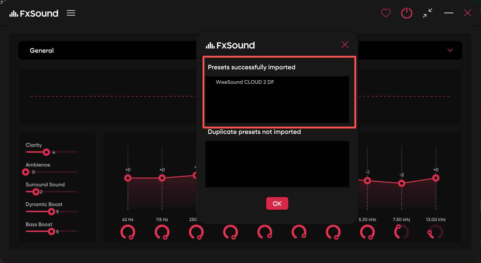 FxSound import success screenshot